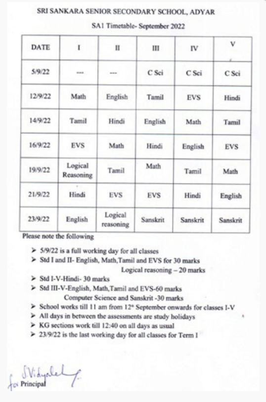 SA1 September - 2022 – STD I – V