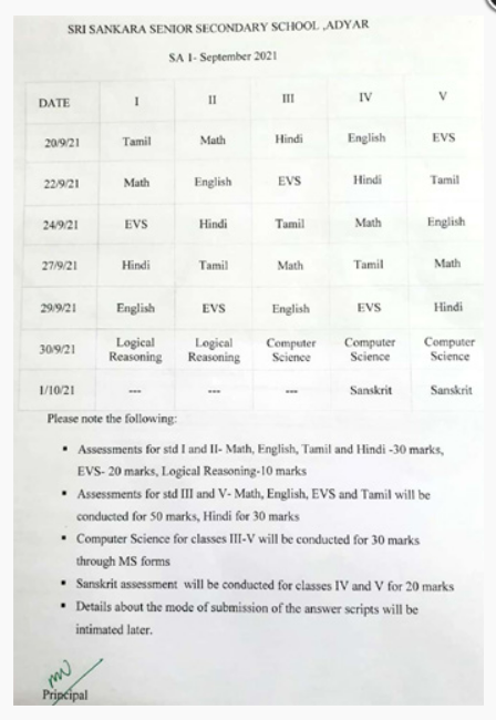 SA1 September - 2021 – STD I – V