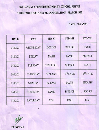 TIME TABLE FOR ANNUAL EXAM MARCH 2023 – STD VI & VIII
