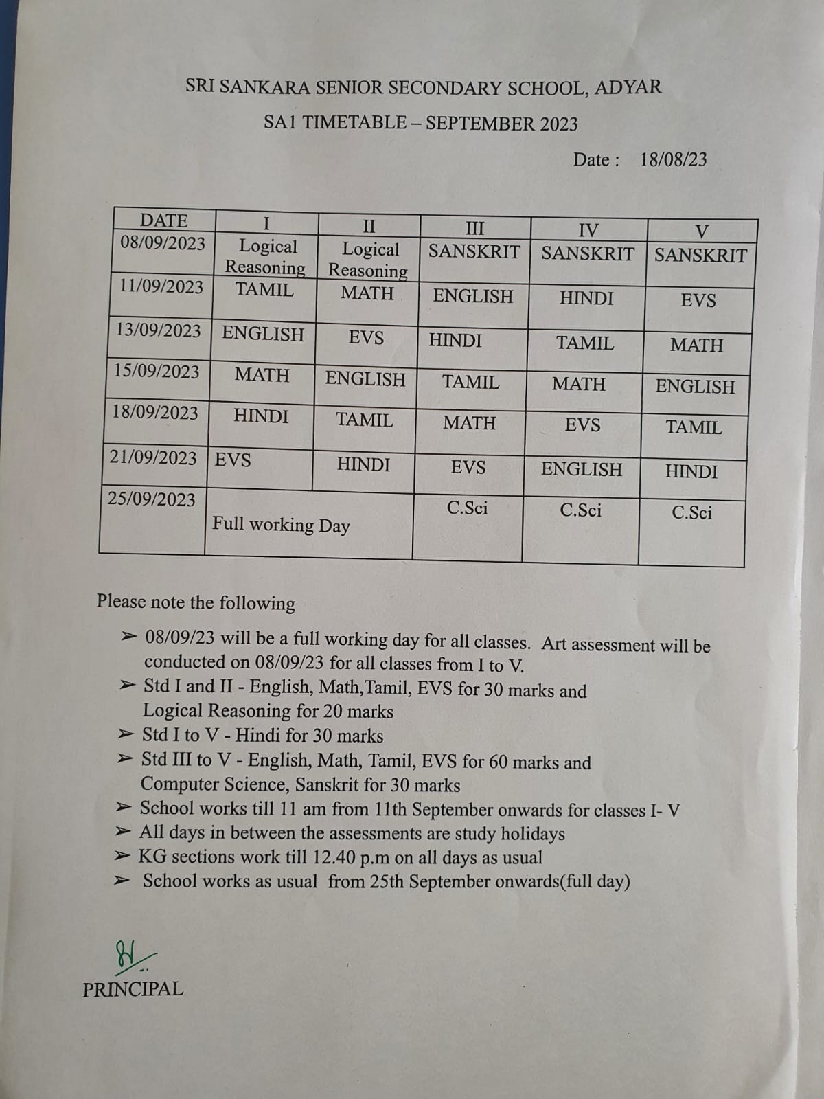 SA1 Time Table September 2023 (STD I - V)