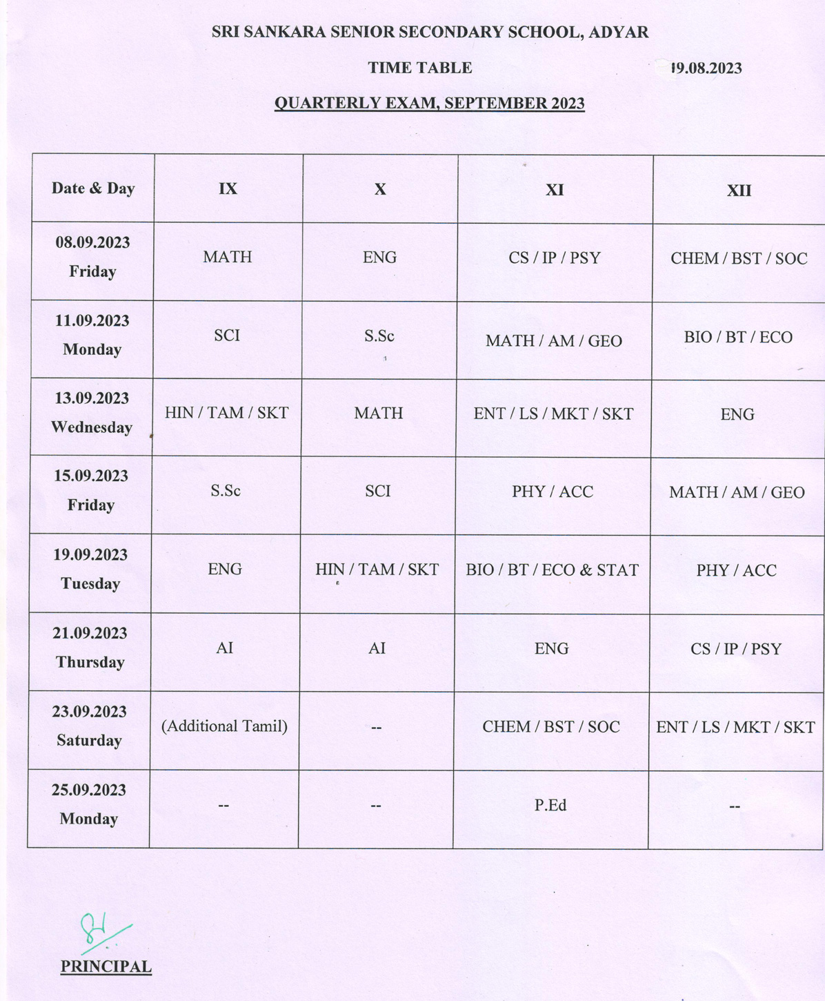 Quarterly Examination - September 2023 (STD IX-XII)