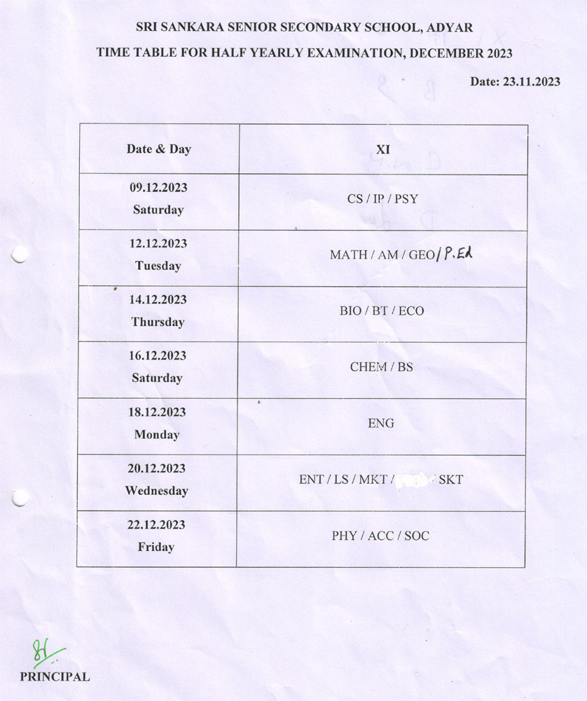 Std XI Time Table for Half Yearly Exam - December 2023