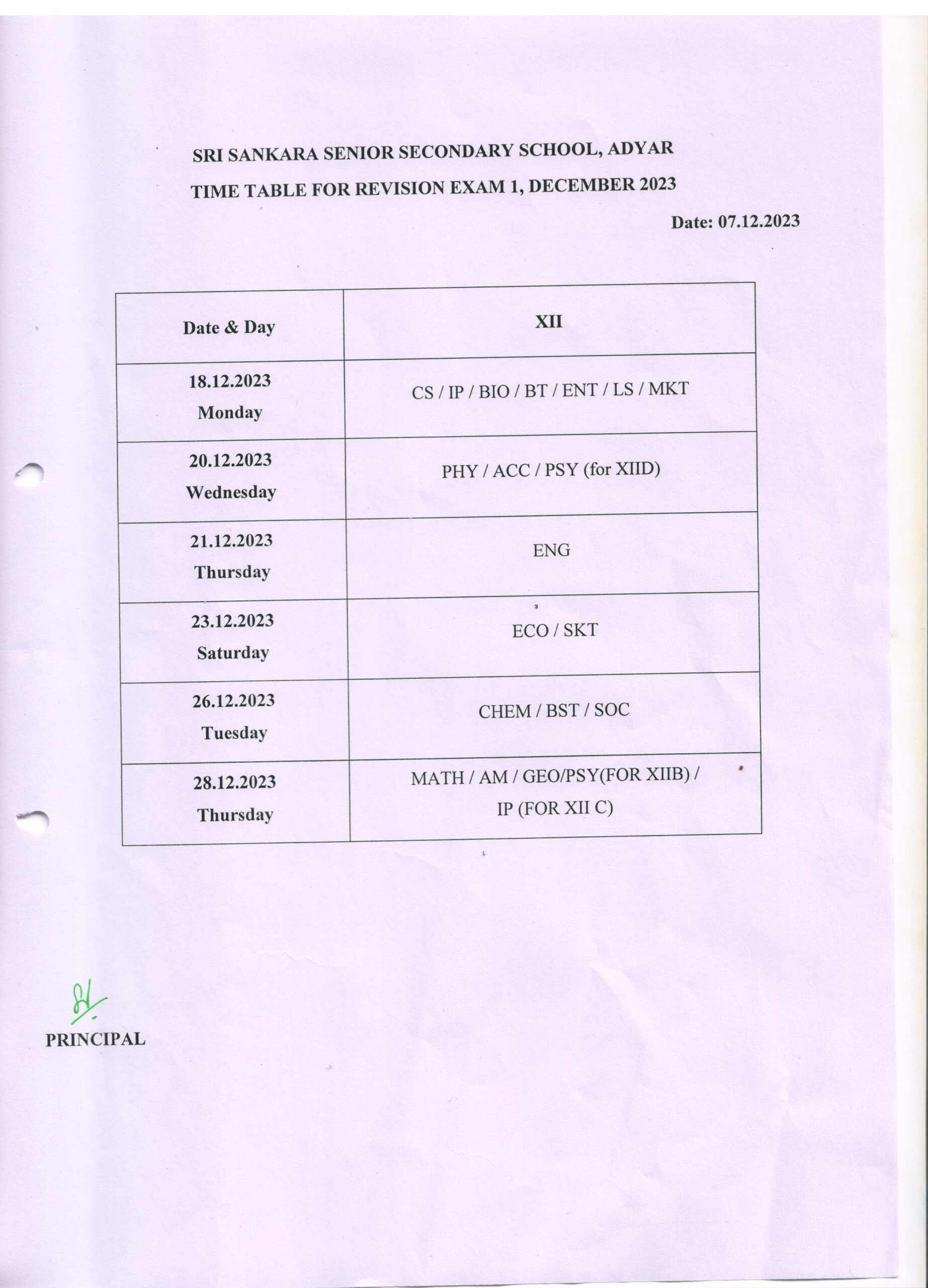 Std XII Revised Time Table for Revision1 - December 2023