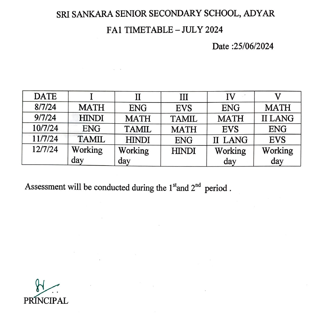 FA1 TIME TABLE - JULY 2024 (STD I - V)