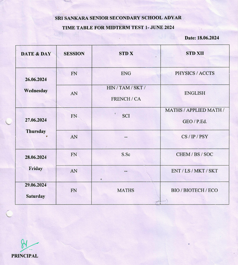 TIME TABLE FOR MID TERM TEST 1 - 2024-25 (STD X & XII)