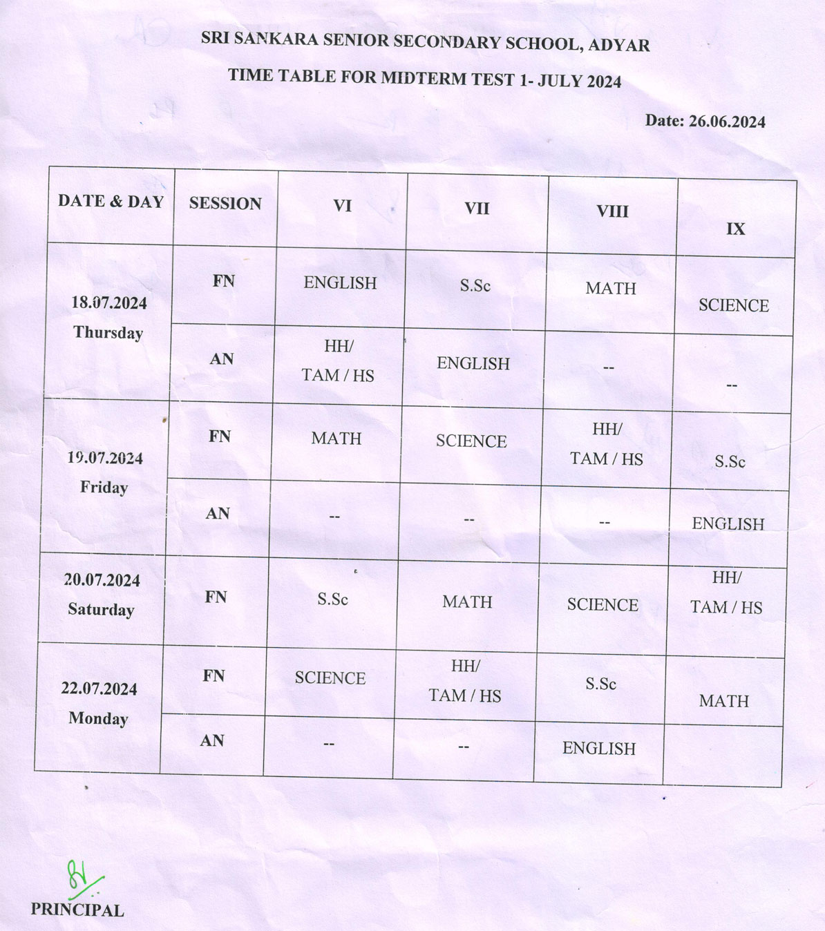 TIME TABLE FOR MID TERM TEST 1 - JULY 2024 (STD VI - IX)