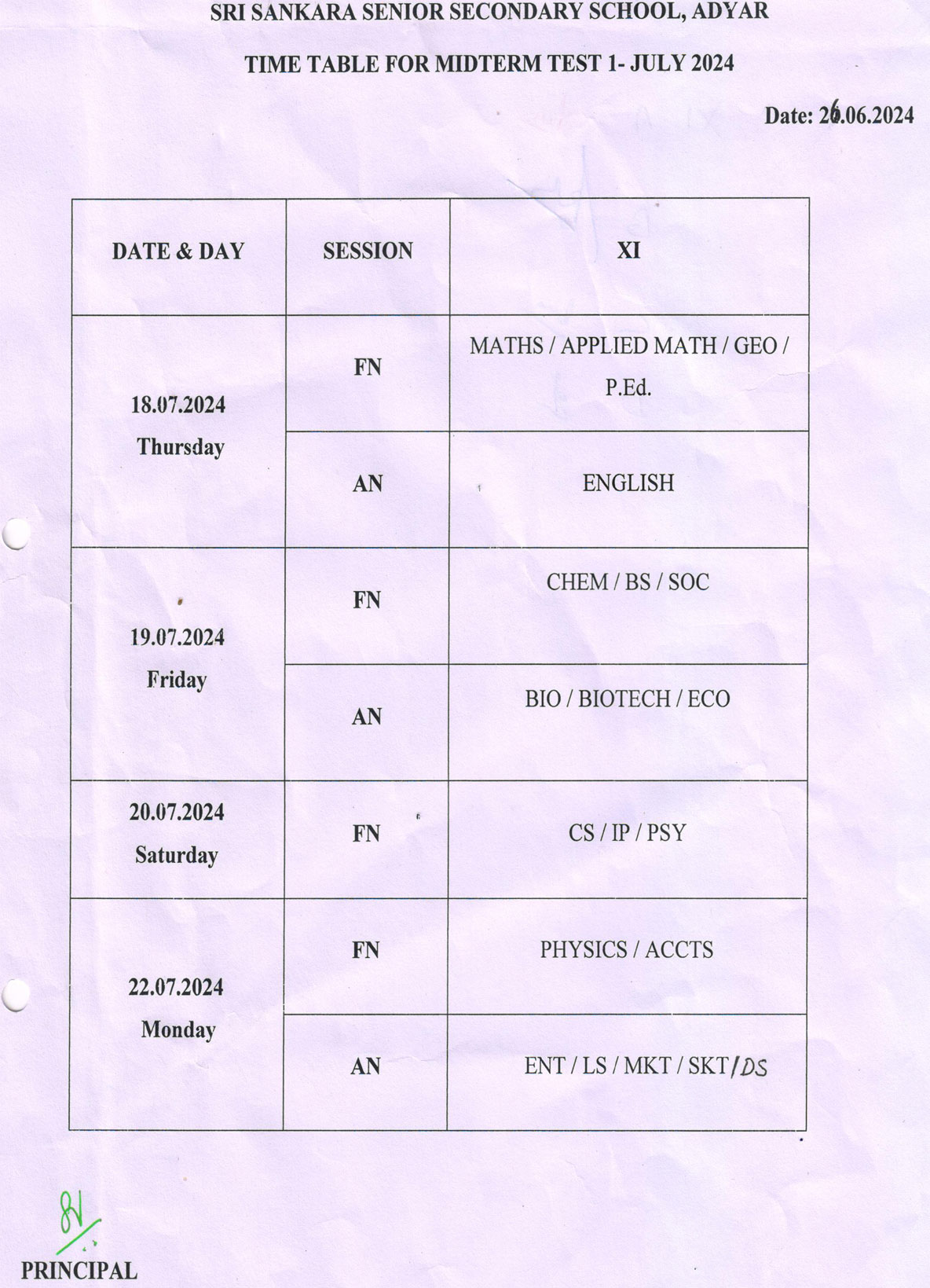 TIME TABLE FOR MID TERM TEST 1 - JULY 2024 (STD XI)