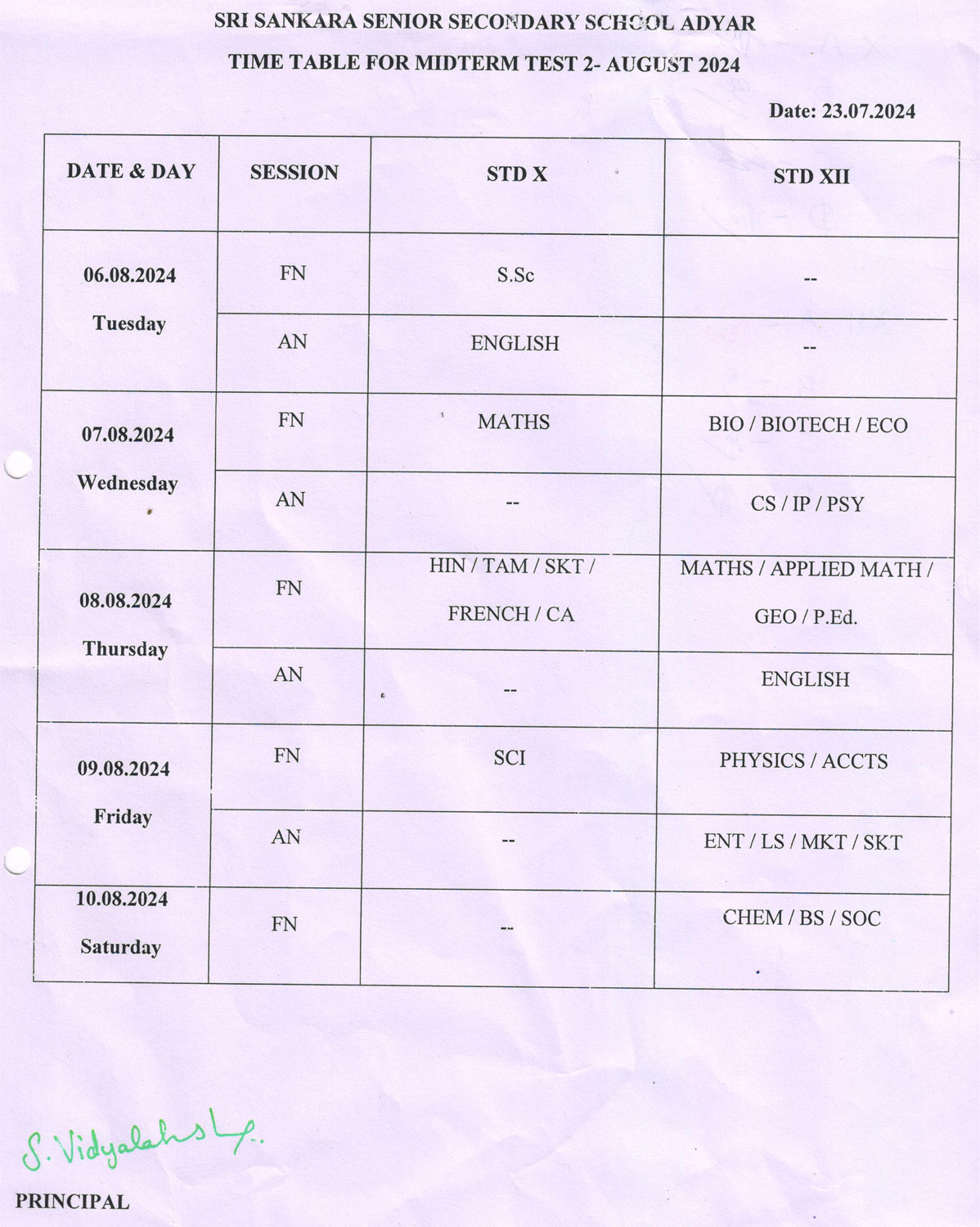 TIME TABLE FOR MID TERM TEST 2 - August 2024 (STD X & XII)