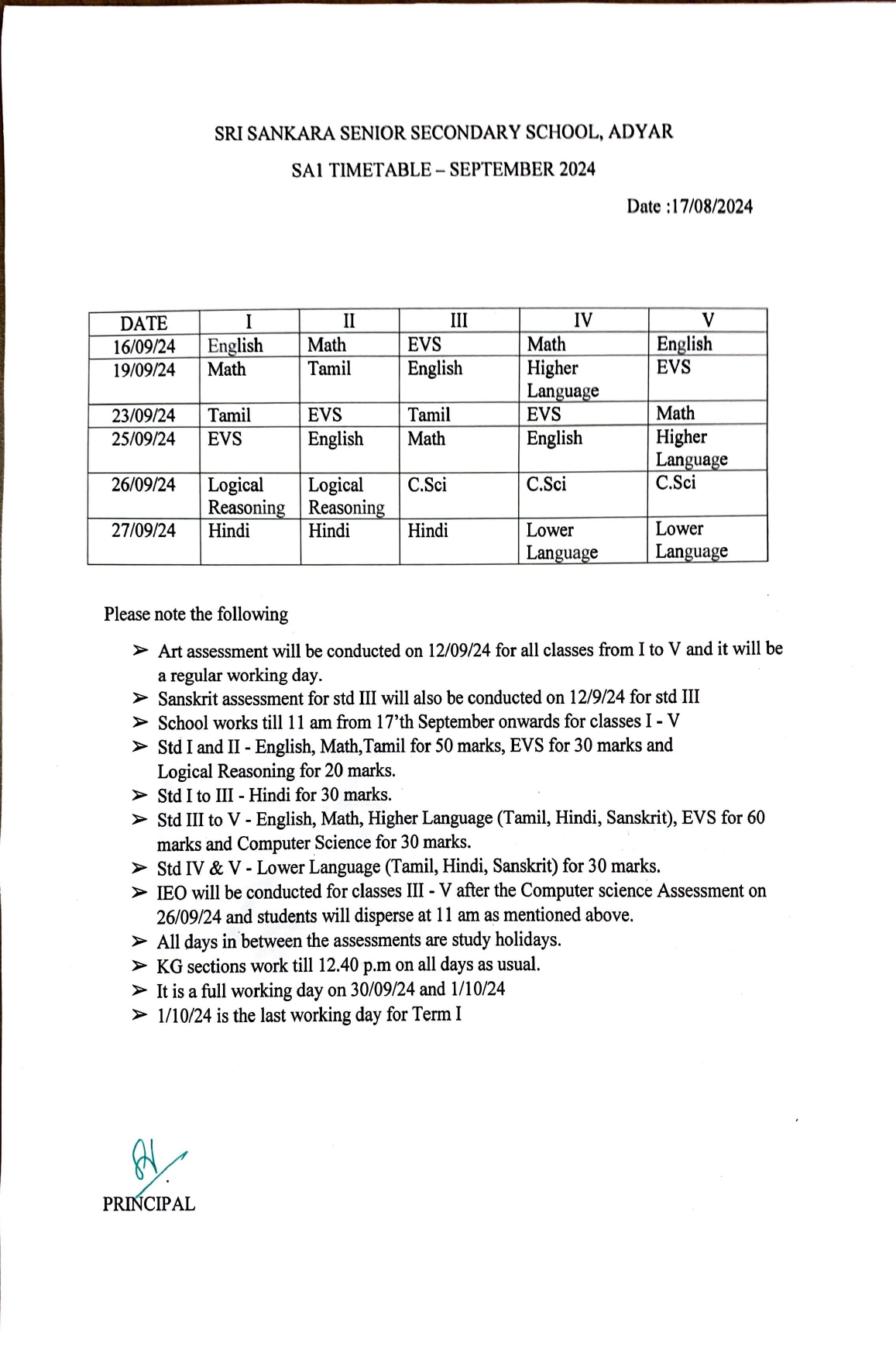 Revised SA1 TIME TABLE - September 2024 (STD I - V)