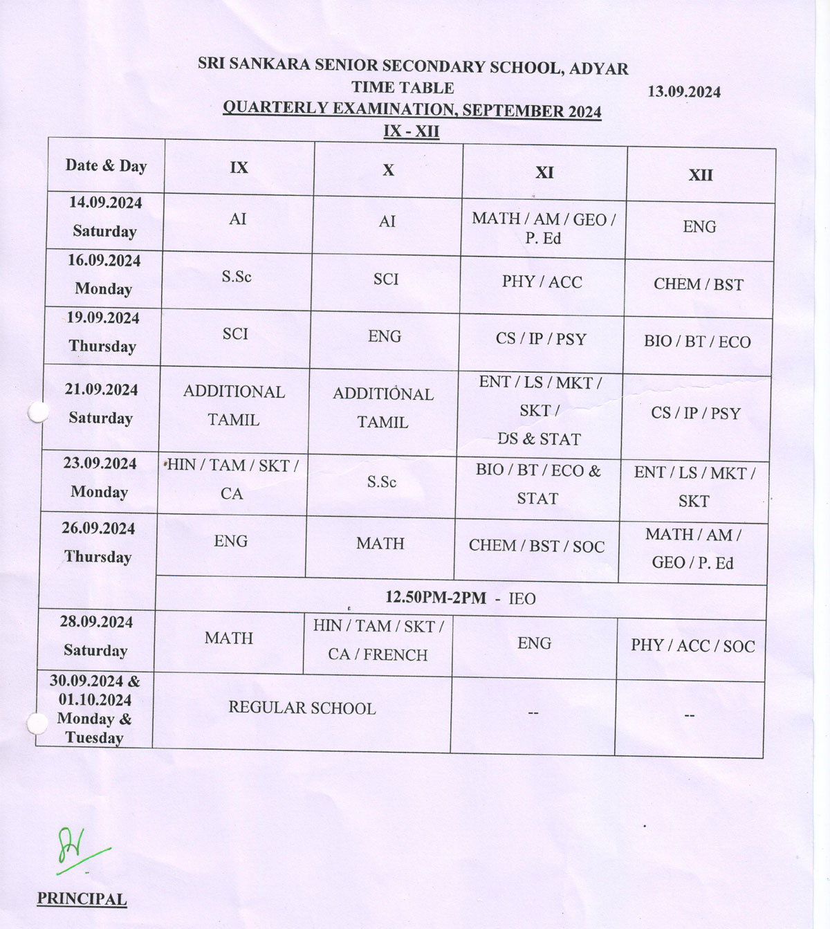 Revised Quarterly Examination - September 2024 (STD IX-XII)