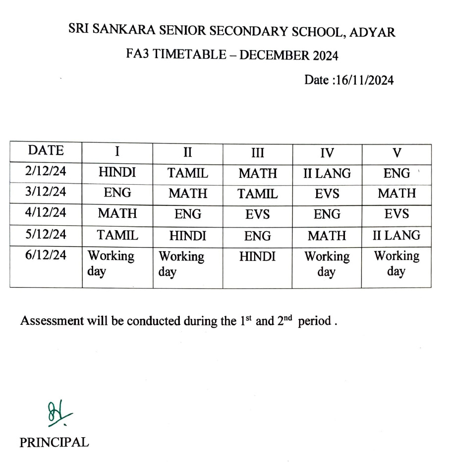 FA3 TIME TABLE - DECEMBER 2024 (STD I - V)