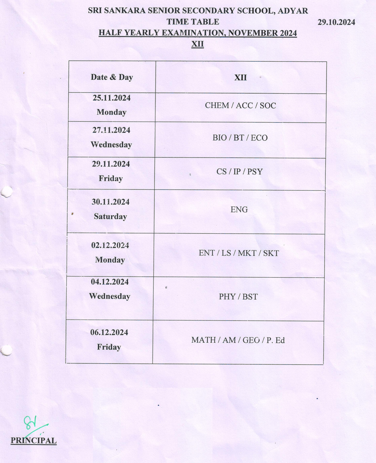 STD XII Half Yearly Examination - November 2024