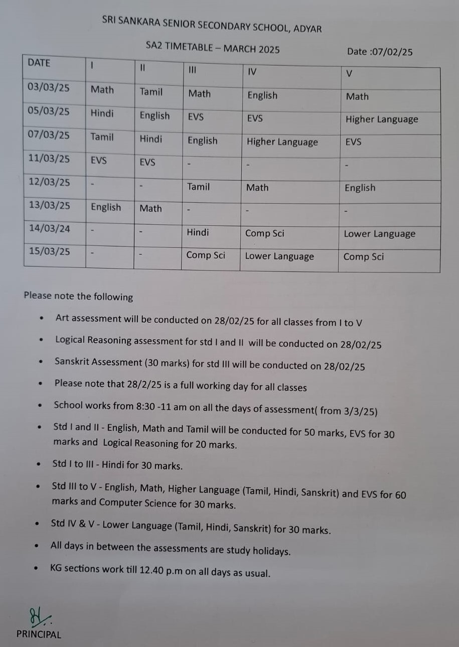 SA2 TIME TABLE - MARCH 2025 (STD I - V)